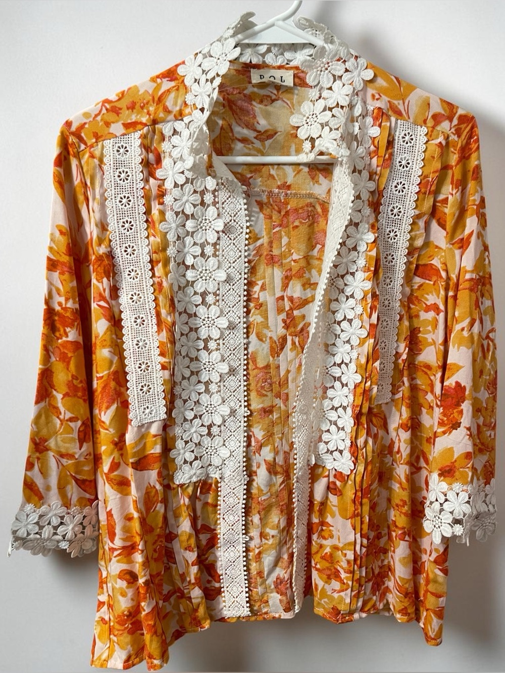Pol nwot orange and off-white button-down top with lace and crochet